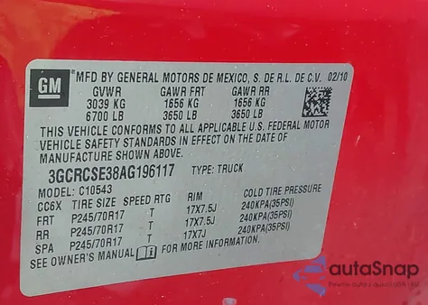 2010 Chevrolet Silverado 1500 Xtra Fuel Economy from USA, damaged, VIN 3GCRCSE38AG196117